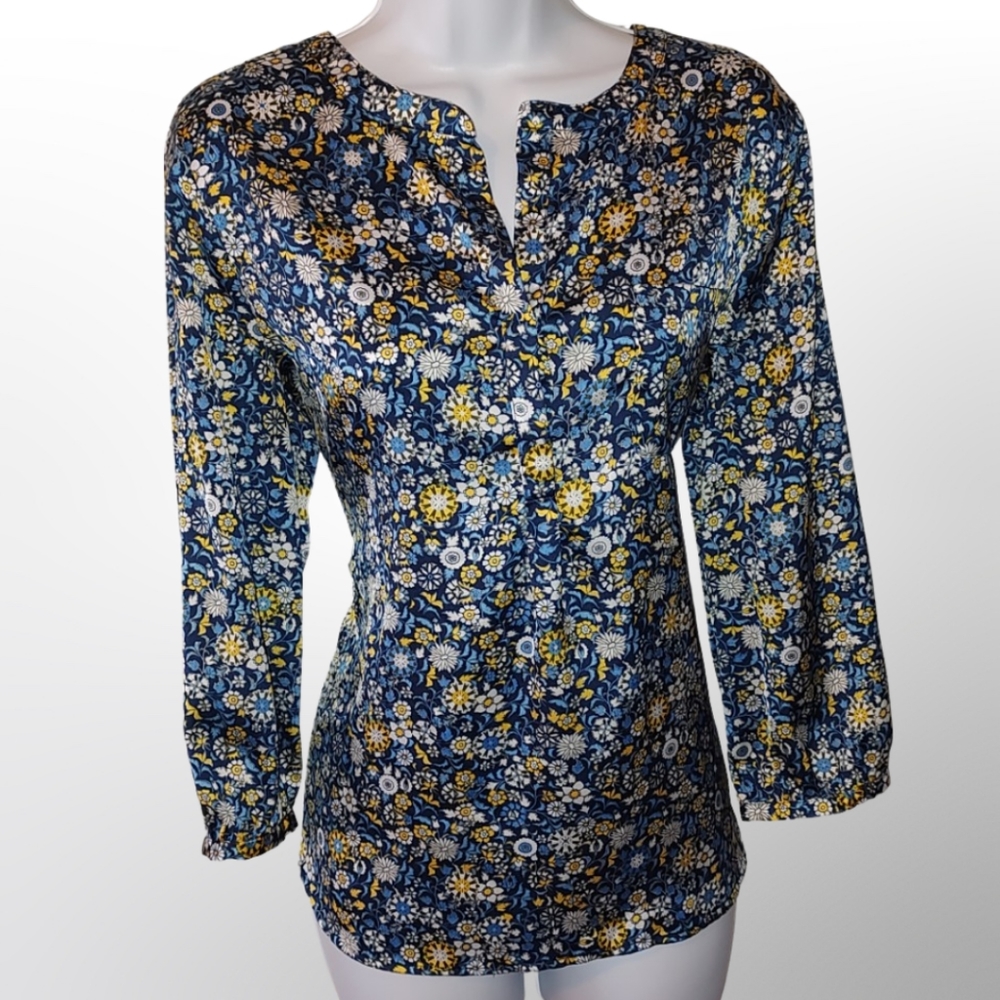 Liz Claiborne Floral Blouse, Size Medium M, Blue White Yellow